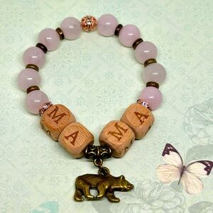 Handmade Mama Bear Bracelet with Pink Quartz Gemstones! NIB!